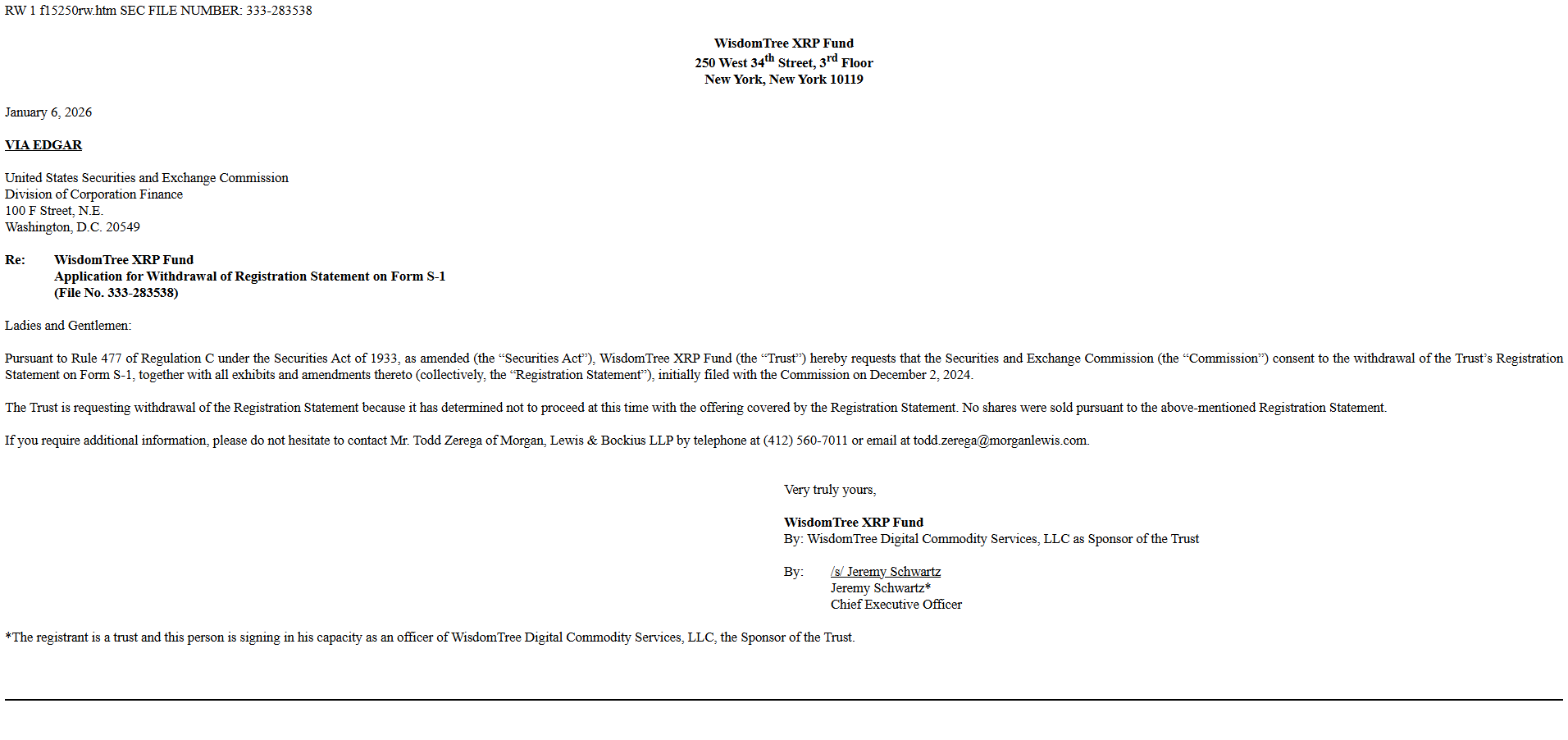 WisdomTree放弃在美国推出XRP ETF的计划