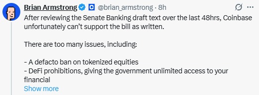 Coinbase为何撤回支持，参议院为何推迟加密货币法案投票