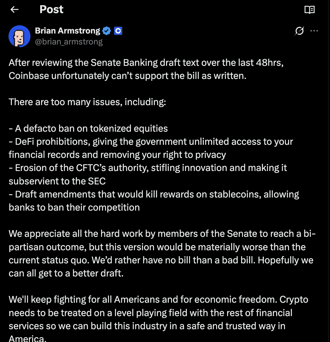 Coinbase提出反对意见后，美国参议院推迟了加密货币市场结构法案的审议。