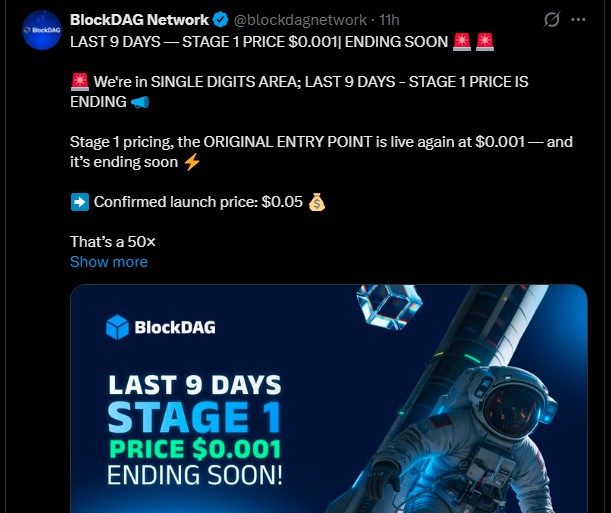 BDAG 预售价格 0.001 美元，在 BlockDAG 上市日期前重新开放，以及 TGE