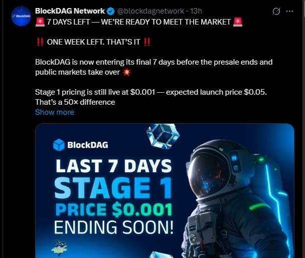 恐慌情绪冲击$BDAG预售：最后7天立省0.05美元，BlockDAG上市价格？