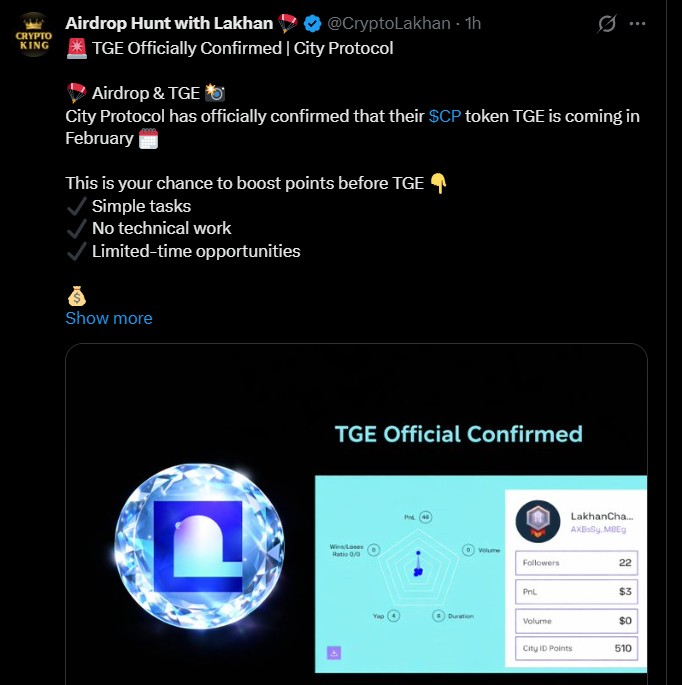 随着City Protocol TGE日期临近，空投活动愈演愈烈。价格会跌至1美元吗？