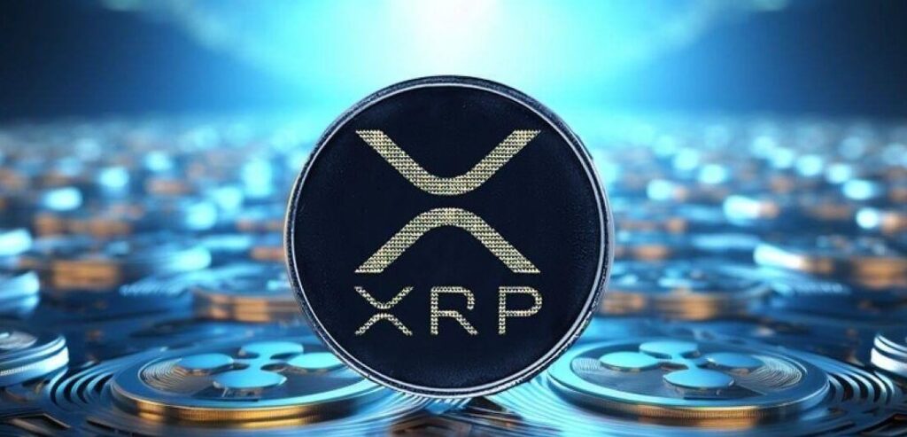XRP coin with logo displayed against blue digital background