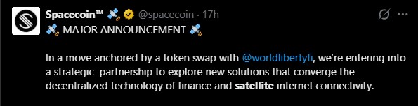 Spacecoin与WLFI DeFi卫星交易将加密货币带入太空