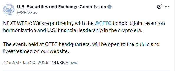 美国证券交易委员会（SEC）和商品期货交易委员会（CFTC）加密货<font color='red'>币</font>监管协调：里程碑式的联合活动定于1月27日举行