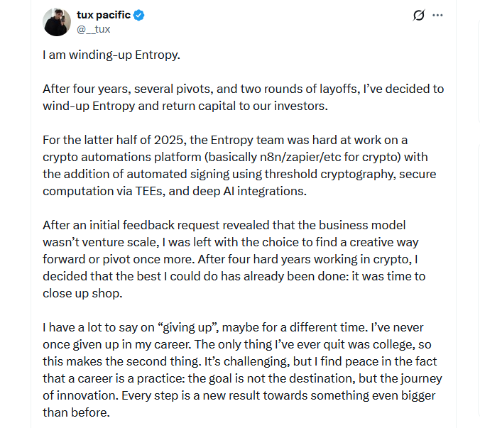 A16z投资的加密货币初创公司Entropy将停止运营并向投资者退款