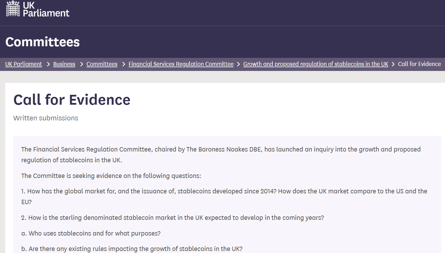 英国上议院启动稳定币调查，英格兰银行正着手敲定相关规则