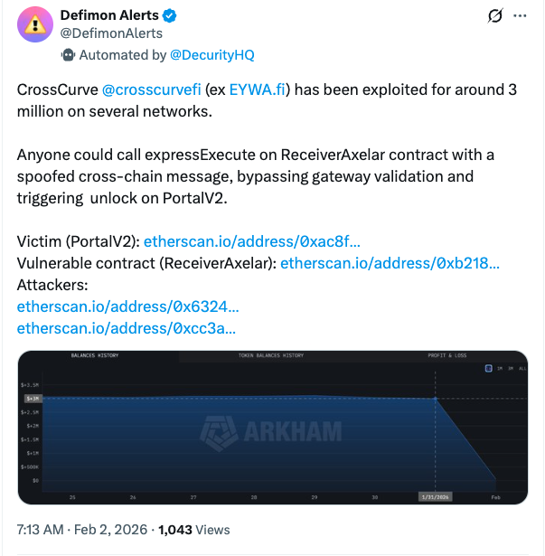 加密协议CrossCurve遭攻击，300万美元被盗