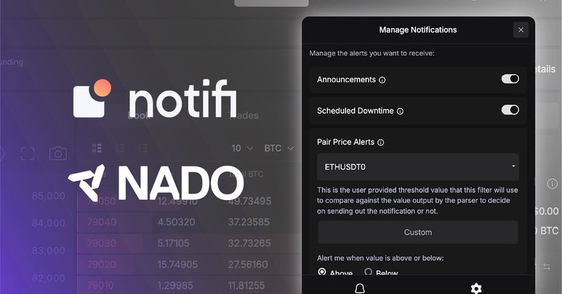 🔔 Integration Notifications 🔔

Notifi is thrilled to announce its latest integration with @nadoHQ. Nado is a brand new decentralized exchange (DEX) built on @inkonchain, a new L2 blockchain launched by @krakenfx. 🧵

Nado just launched its first quarter, and it's a "perfect storm." This new CLOB DEX offers precise trading with up to 20x leverage and high execution throughput, while leveraging Ink's powerful performance and speed to ensure a low-latency trading experience.

Nado users can now receive instant notifications on key topics, including:

- Nado Announcements

- Scheduled Maintenance

- Trading Pair Prices

- Order Execution

- Liquidation

Subscribe to Nado Notifications Now

Interested in enabling notifications for your decentralized application?

Contact Notifi's business development team via Telegram (@missjeev) or DM us on Twitter!