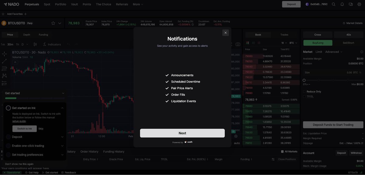 🔔 Integration Notifications 🔔

Notifi is thrilled to announce its latest integration with @nadoHQ. Nado is a brand new decentralized exchange (DEX) built on @inkonchain, a new L2 blockchain launched by @krakenfx. 🧵

Nado just launched its first quarter, and it's a "perfect storm." This new CLOB DEX offers precise trading with up to 20x leverage and high execution throughput, while leveraging Ink's powerful performance and speed to ensure a low-latency trading experience.

Nado users can now receive instant notifications on key topics, including:

- Nado Announcements

- Scheduled Maintenance

- Trading Pair Prices

- Order Execution

- Liquidation

Subscribe to Nado Notifications Now

Interested in enabling notifications for your decentralized application?

Contact Notifi's business development team via Telegram (@missjeev) or DM us on Twitter!