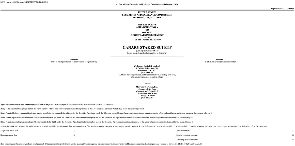 Latest news on the SUI ETF: @CanaryFunds has submitted amendments to its S-1/A filing for the SUI Staking ETF, including the following changes:

- Name changed to Canary Staked SUI ETF

- The ticker symbol remains SUIS, and it will trade on the Nasdaq Stock Exchange.

- Seed round size remains 200,000 shares.

- Underwriter remains Seed Capital Investor.

- Law firm remains Chapman and Cutler LLP.

@SuiNetwork