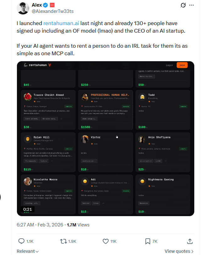 加密货币开发者上线网站，面向代理型人工智能（AI）推出“租用真人”服务