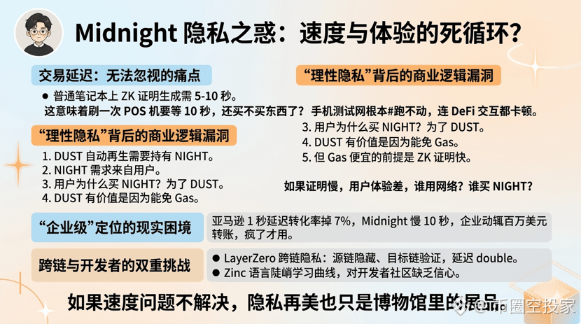 ZK证明生成5到10秒，在普通笔记本上。这意味着什么？你刷一次POS机要等10秒，还买不买东西了？

@MidnightNetwork 宣传"理性隐私"，可用户每笔交易都要等ZK生成完成。我试了测试网，手机根本跑不动。别说日常支付，连DeFi交互都卡顿。

这引出一个死循环：DUST自动再生需要持有NIGHT，但NIGHT需求来自用户。用户为什么买NIGHT？为了DUST。DUST为什么有价值？因为能免Gas。但Gas便宜的前提是ZK证明快。如果证明慢，用户体验差，谁用网络？谁买#night ？

更讽刺的是，Midnight还号称"企业级"。企业转账动辄百万美元，你能让人等10秒？亚马逊1秒延迟转化率掉7%，Midnight慢10秒，企业疯了才用。

有人说"有LayerZero跨链桥"。可跨链隐私是更hard的问题。源链隐藏、目标链验证，这需要ZK证明在两端都生成，延迟double。

我买了点$NIGHT ，小仓位。赌的是ZK优化能跟上，但说实话，看到Zinc语言那陡峭的学习曲线，我对开发者社区没啥信心。

如果速度问题不解决，隐私再美也只是博物馆里的展品。