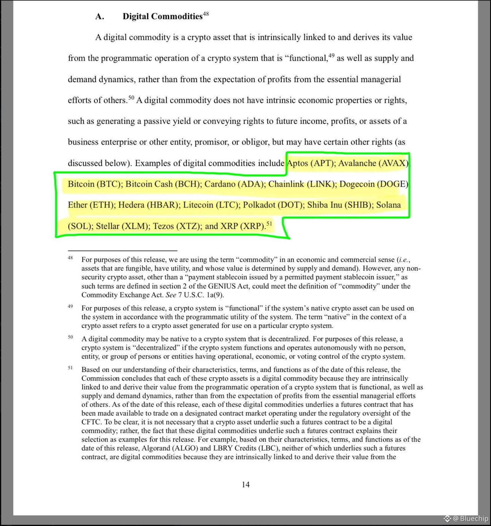 🚨Bullish🚨

We have now received clear guidance from both the U.S. Securities and Exchange Commission (SEC) and the Commodity Futures Trading Commission (CFTC).

The SEC's new interpretation clarifies that most crypto assets are not securities.

The document explicitly lists the following non-security currencies:

Bitcoin (BTC), Ethereum (ETH), Solana (SOL), Bitcoin Cash (BCH), Dogecoin (DOGE), Aptos (APT), Avalanche (AVAX), Cardano (ADA), Chainlink (LINK), Hedera (HBAR), Litecoin (LTC), Polkadot (DOT), Shiba Inu (SHIB), Stellar (XLM), Tezos (XTZ), and XRP (XRP).

This is a joint document from the SEC and

the CFTC. They have reached an agreement and are cooperating on this.

This is a victory for clarity in the cryptocurrency space. Higher clarity leads to stronger investor confidence!