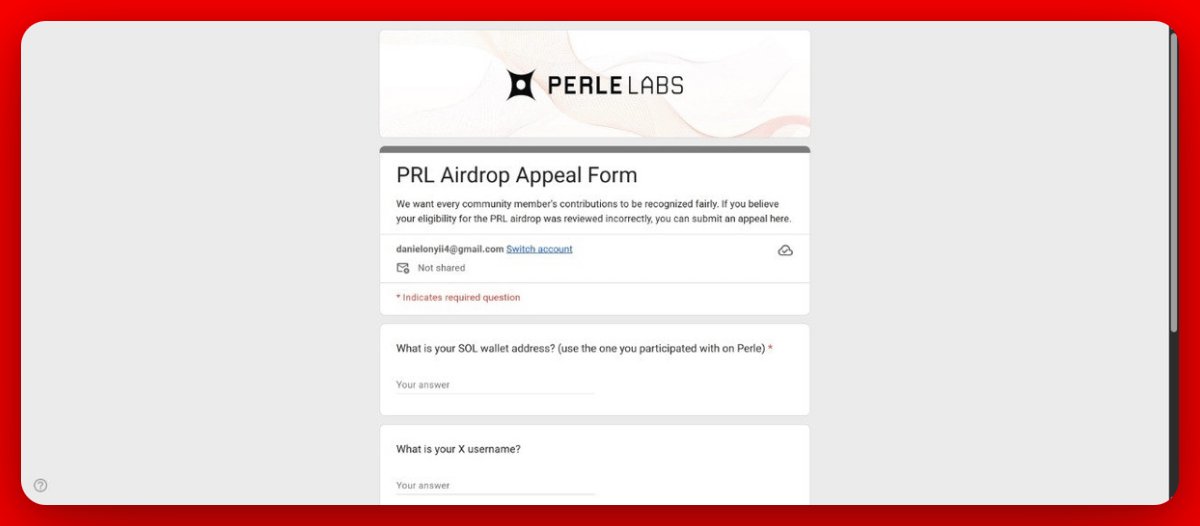 Quick Tip…

Perle airdrop appeals are now live. 🙂‍↔️

If you believe you have completed all Perle missions and are eligible for the airdrop, please fill out this form.

>Visit

>Fill out the form.

>Await team review.

That's all for now, good luck!