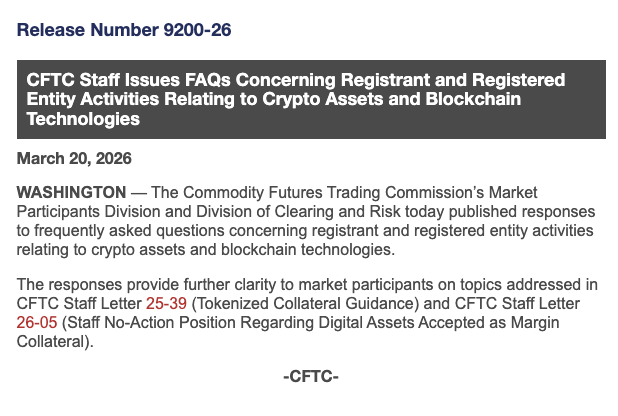 🇺🇸 Important News: Staff at the U.S. Commodity Futures Trading Commission (CFTC) have released a FAQ clarifying the crypto asset and blockchain activities of registered entities, covering tokenized collateral and digital assets used as margin.