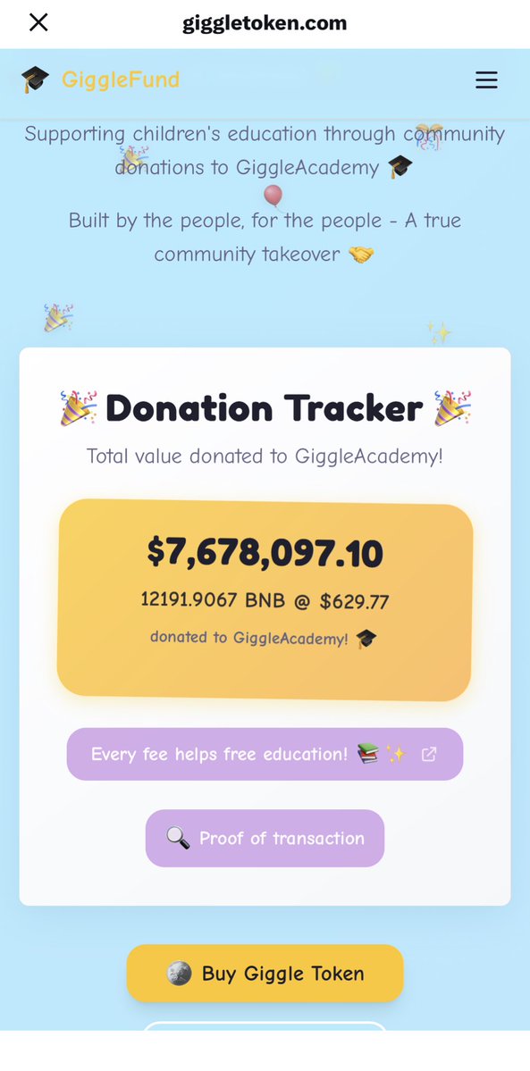 Fun fact: Giggle has donated 12,191 #BNB to the @GiggleAcademy free education platform, while Giggle's current market capitalization is only $25 million.

Binance has cumulatively helped burn approximately 7,000 Giggle tokens.

Crypto for good—hoping that the 120,000 children currently being helped can each buy some Giggle tokens to give back to the community when they grow up.

@cz_binance