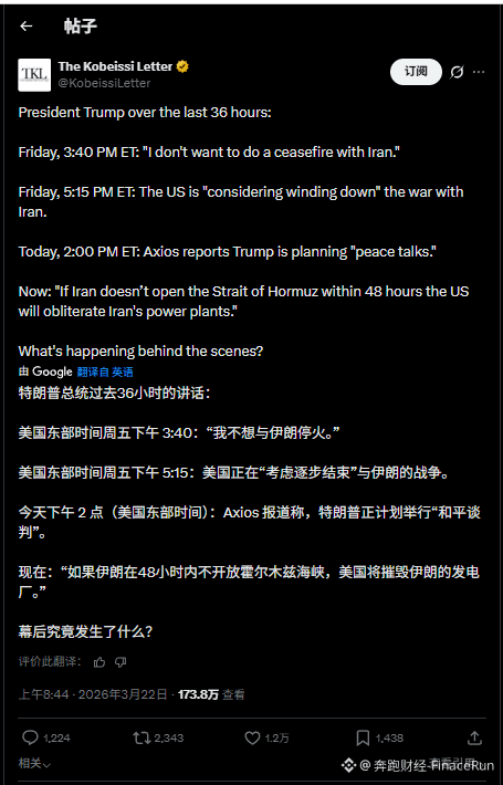 Trump's threat to "destroy" Iranian power plants sends BTC price plunging to $68,000

Bitcoin prices were relatively stable on Saturday, holding above $70,000, but a sharp overnight decline pushed it down to around $68,000 for the first time since March 9.

According to Axios, Trump was seeking "liaisons" with the Iranian regime to initiate peace talks to end the war, but the president subsequently reversed course and issued a direct threat:

He demanded that Iran reopen the Strait of Hormuz within 48 hours, or he would "strike and destroy its power plants, starting with the largest ones." Kobeissi Letter analyzed and summarized Trump's shift in attitude over the past 36 hours.

Influenced by the potential escalation of the Middle East conflict, BTC briefly surpassed $70,000 over the weekend before falling back by several thousand dollars. On exchanges, the price even dipped to $68,000, a three-week low.

Altcoins also fell, with Ethereum (ETH) currently below $2,100 and Ripple (XRP) below $1.40. In the past 24 hours, the total value of liquidated leveraged positions exceeded $335 million, primarily long positions.

In summary, from negotiations to threats, in just 36 hours, Trump's reversal of his statement about "destroying power plants" caused Bitcoin to plummet below $68,000. As geopolitics regains control over pricing, the market is particularly sensitive to escalating conflicts.

Bitcoin was once considered "digital gold" with safe-haven properties, but in this Middle East conflict, it has behaved more like a highly volatile risk asset. When the safe-haven logic temporarily fails, sentiment and liquidity become the short-term drivers.

#TrumpThreats