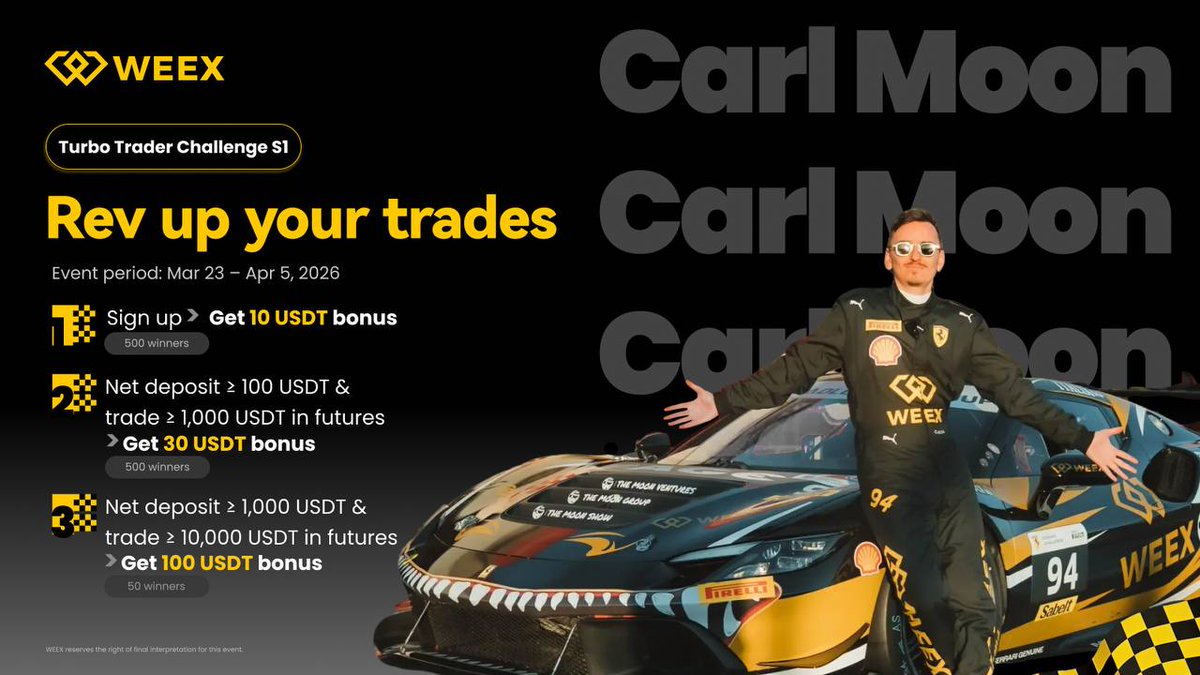 🏁 Exciting announcement of the "Racing with Carl Moon" trading challenge launched by @WEEX_Official! 🙌

Thanks to WEEX, I will be participating in the Ferrari Challenge 🏎💨, and you can join us too:

📅 March 23 to April 5, 2026 (UTC+8)

💰 Rewards: Earn USDT rewards for net deposits ≥ 100 USDT and futures trading ≥ 1,000 USDT!

🔗 Register via my referral link:

Let's compete on the track and in the market! 🚀

#WEEX #CarlMoon #FuturesTrading #Crypto