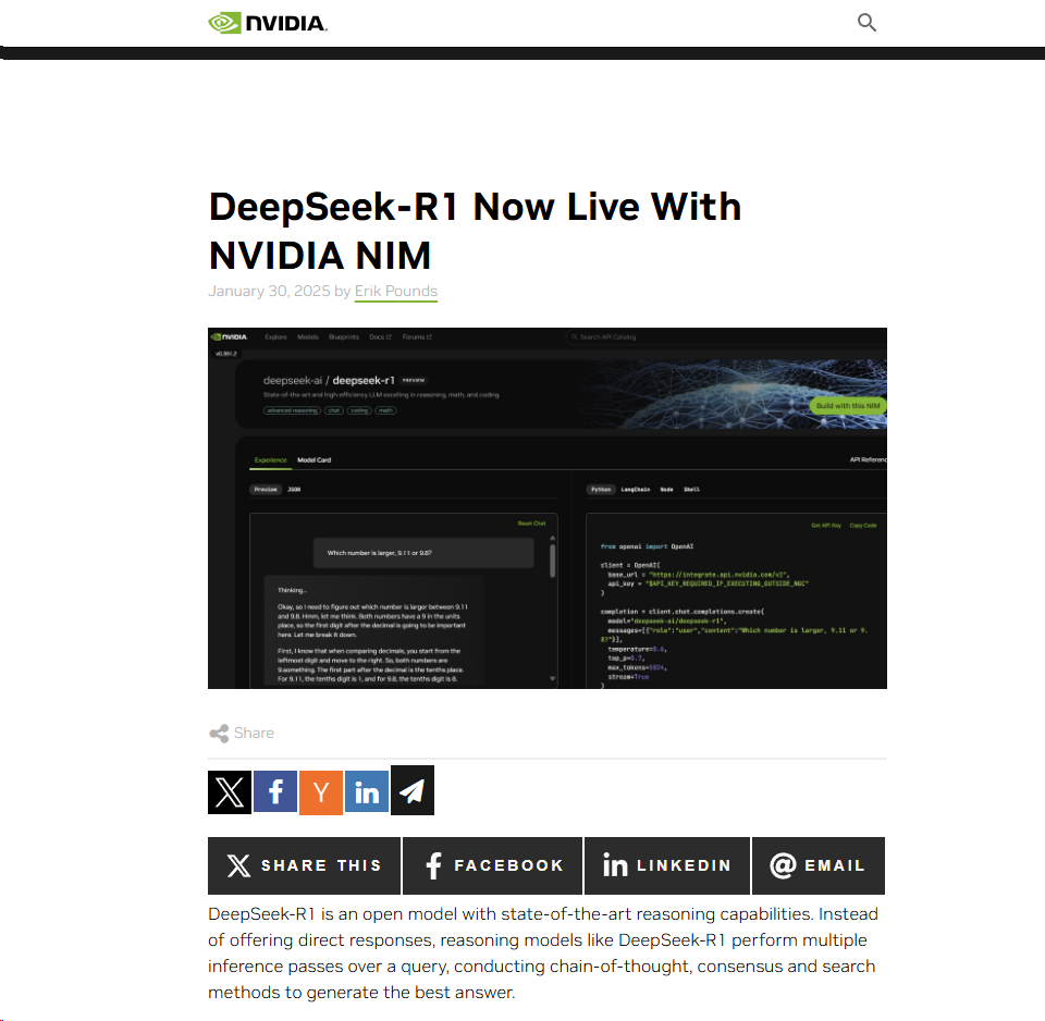 英伟达：DeepSeek R1现正式上线英伟达NIM平台
