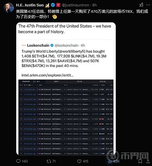 特朗普“加密总统”时代开启，波场TRON（TRX）被纳入特朗普家族加密项目投资组合